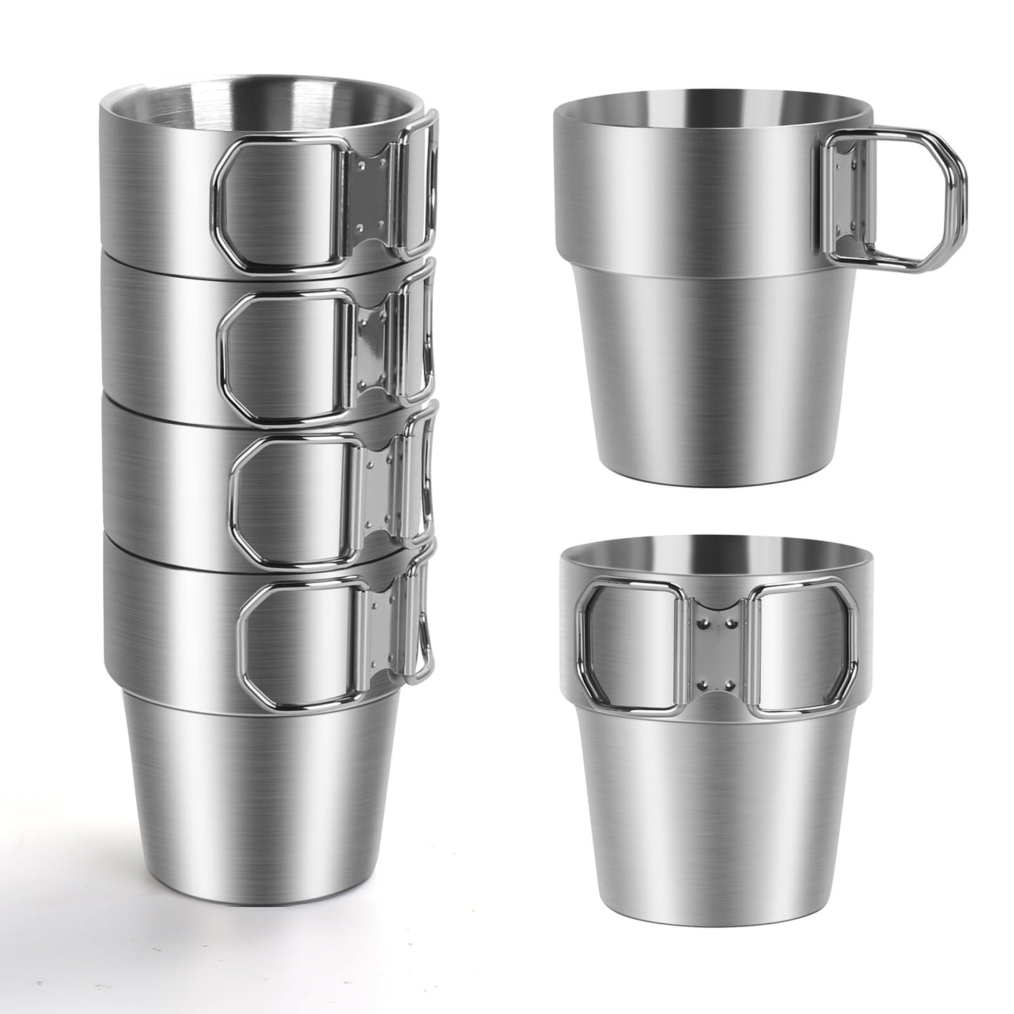 4-Pack Stainless Steel Camping Cups with Foldable Handle, 10 oz Camping Coffee Mugs with Double Wall Design, Ideal for Outdoor Activities, Travel, and Home Use