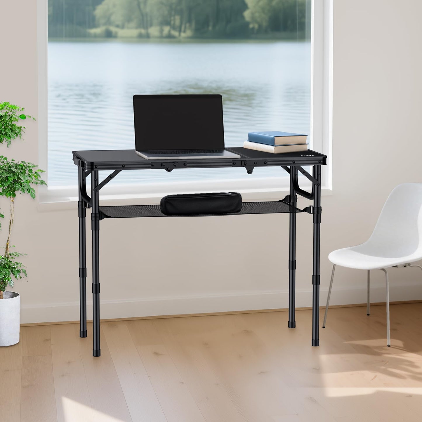 Anbte Folding Camping Table with Storage Net, 3ft Camping Table Aluminum Folding Table with 3 Adjustable Height Max 27.5 Inch Picnic Table Portable Table for Outdoor Backyard BBQ, Pure Black