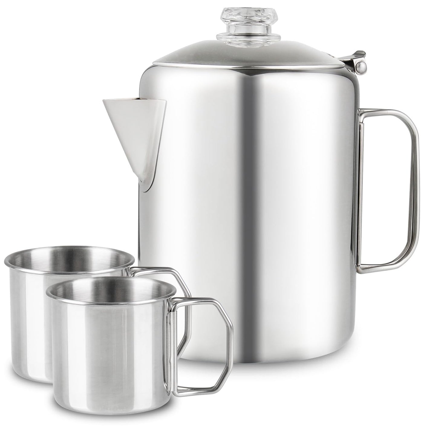 APOXCON Coffee Percolator Bundle with 2 Mugs Stainless Steel Coffee Maker with Heat Resistant Tough Glass Knob & Foldable Handle Using on any Stovetop Outdoor Camping NO Aluminum NO Plastic (8 Cup)