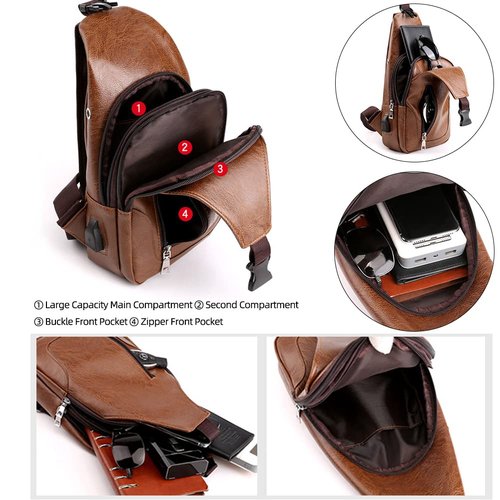 Peicees Pack of 2 Leather Sling Bag Mens Crossbody Bag Chest Bag Sling Backpack for Men with USB Charge Port, Classic Dark Brown & Vertical Zipper Black