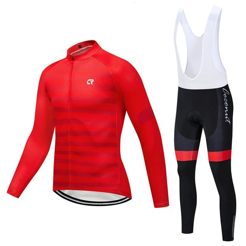 CR Winter Men's Cycling Jersey Long Sleeves Thermal Fleece Bike Jersey + Bib Pants, Winter Cycling Kit Clothing Set for Men (Red, M)