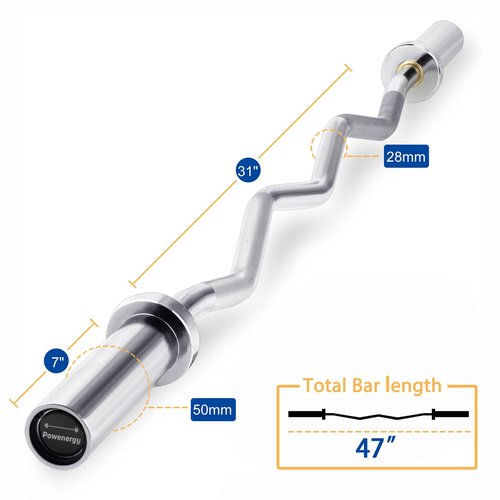 Powenergy 47" Olympic Barbell Curl Bar Strength Training Bar with Ring Collars Solid Chrome Barbell Bar for Weightlifting, Hip Thrusts, Squats and Lunges