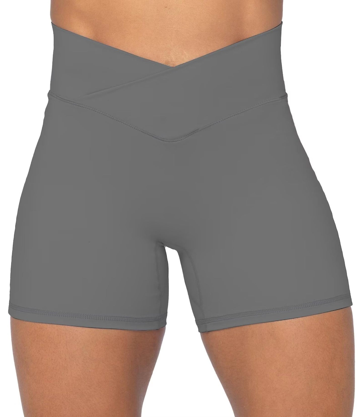 Sunzel Sunzfly Crossover Biker Shorts for Women, V Criss Cross High Waist Yoga Workout Gym Shorts with Tummy Control 4" Charcoal Gray X-Small