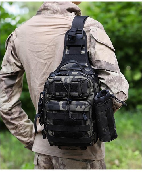 RTGGSEL Men's Camouflage Tactical Sling Shoulder Bags Travel Military MOLLE EDC Crossbody Chest Bag with USB Charging Port (String Black Camo)