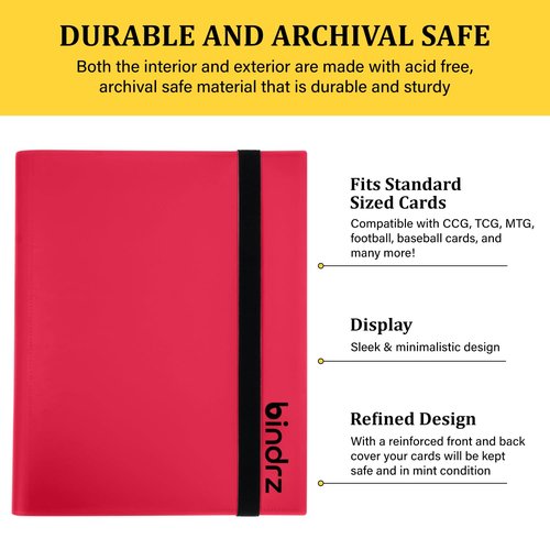 bindrz 9 Pocket Strap Binder Album for 360 Trading Cards - Side Loading Pockets Folder - Archival Safe Material for CCG TCG MTG and Sports Collectibles (Red)