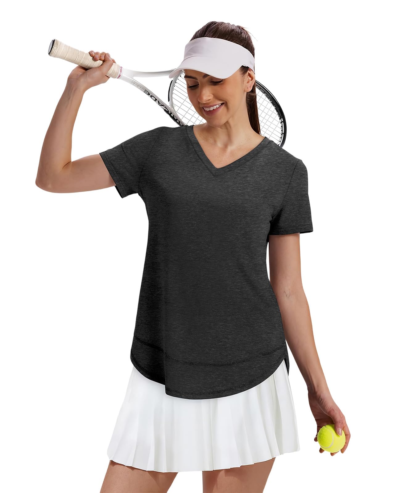 Summer Tops for Women 2026 Short Sleeve Workout Clothes Athletic Shirts Pilates Outfits Camisetas Deportivas para Mujer V Neck Black L