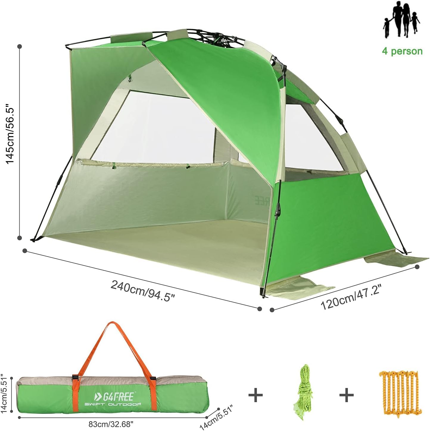 G4Free Easy Set up Beach Tent Deluxe XL, Pop up Sun Shelter for 3-4 Persons with UPF 50+ Protection Beach Shade with Extended Floor