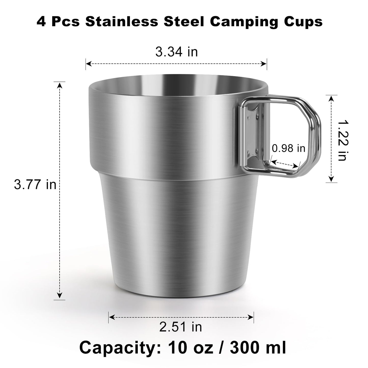 4-Pack Stainless Steel Camping Cups with Foldable Handle, 10 oz Camping Coffee Mugs with Double Wall Design, Ideal for Outdoor Activities, Travel, and Home Use