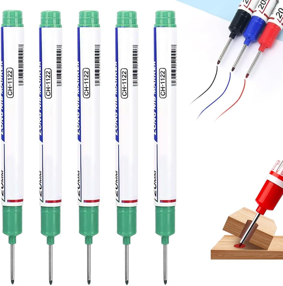 5Pack Long Head Deep Hole Marker Pens, 20mm Deep Reach Metal Marking Pen, Waterproof Quick-Dry Long Nib Marker, Deep Reach Markers Marking Tool for Carpentry & Construction (Mix)
