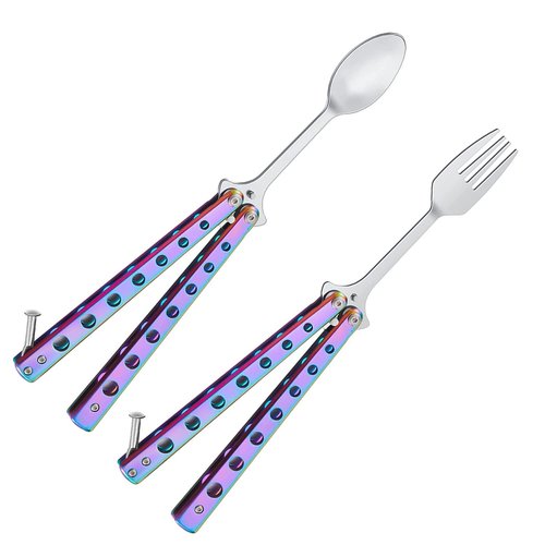 Butterfly Fork and Spoon Set 2 Pcs, Tactical Stainless Steel Folding Butterfly-Open Style, Camping Hiking Kitchen BBQ Grill Picnic Flatware Utensil (Colorful)