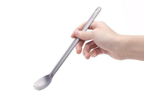 SANTTA Long Handle Titanium Spork, 8 1/2 Inch Lightweight Spoon & Fork Combo Utensil with Bag for Backpacking Fishing Hiking Bushcrafting Camping Traveling