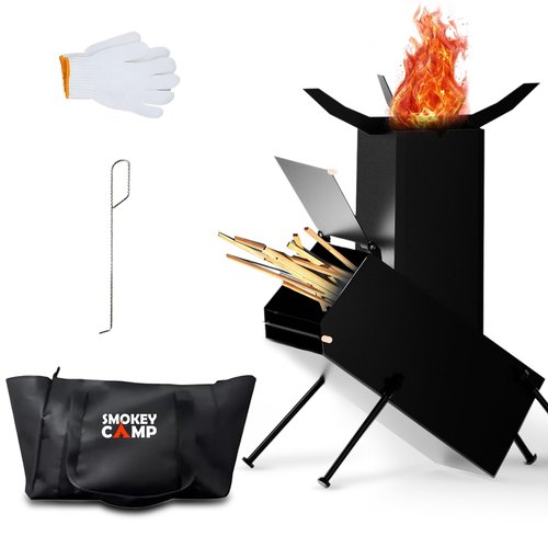Rocket Stove for Camping Heavy Duty Wood Burning Stove with Adjustable Legs, Portable Wood Burning Fire Camping Stove, Cooking Camping Grilling Outdoor Backyard BBQ Stove with Storage Bag, Rod, Gloves