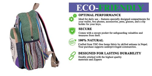 RARA Natural Handmade-Unique design and eco friendly Hemp Hippie backpack, very popular in FAIR TRADE. (Peace Tree), Medium
