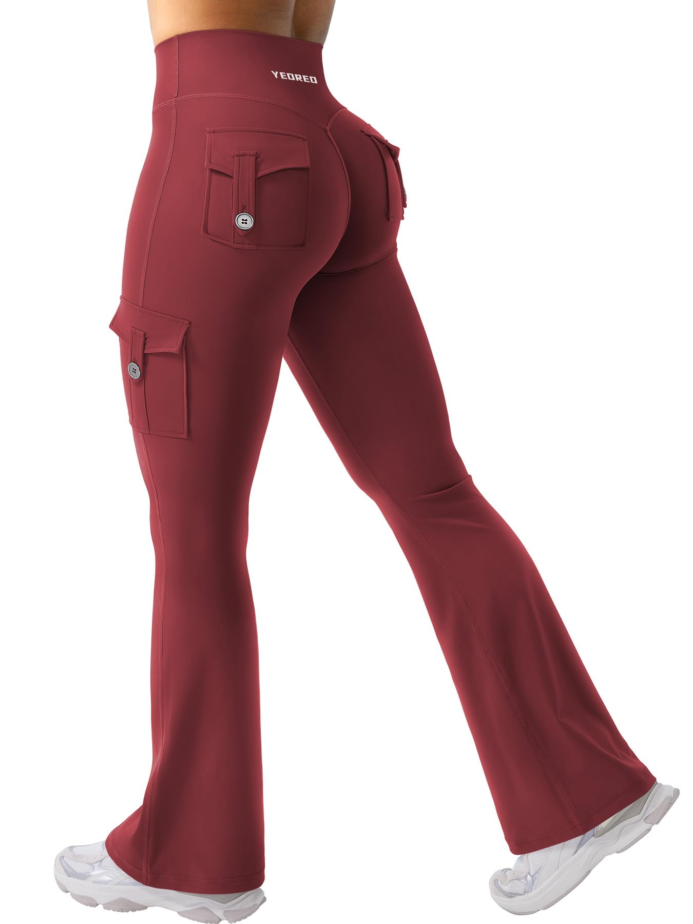 YEOREO CoreFlex Women Workout Flare Leggings with Pockets Hidden Scrunch High Waisted Cargo Gym Yoga No Front Seam Leggings Anchor Red S