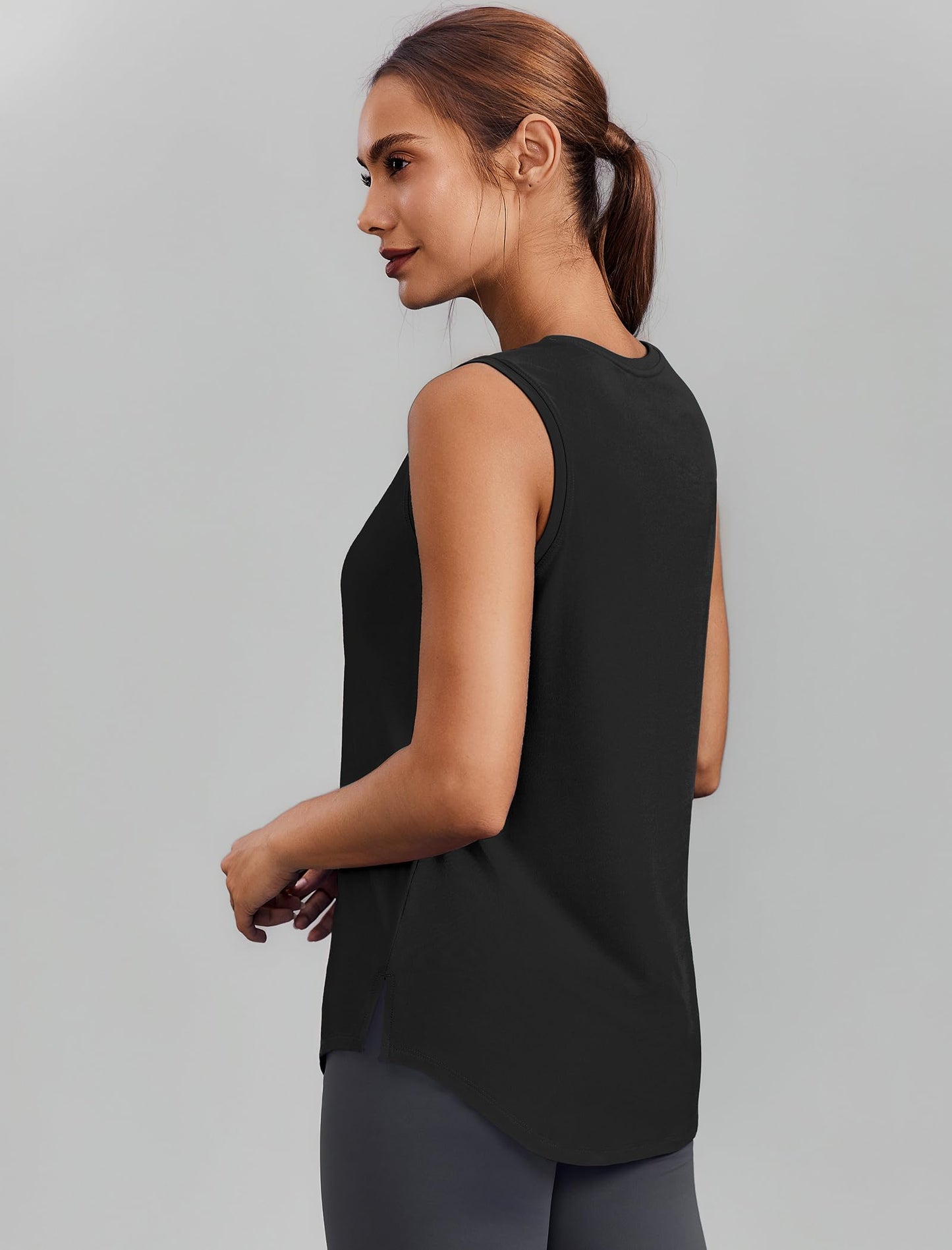 PINSPARK Womens Workout Tank Tops Sun Protection Athletic Tennis Top Crew Neck Running Tops Sleeveless Yoga Muscle Tank Hip Length Gym Shirts Loose Fit, Black XL