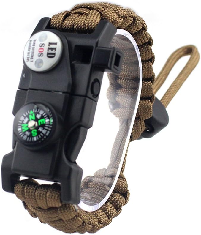 Adjustable Survival Bracelet, 7 Core Paracord 20 in 1 Emergency Sports Wristband Gear Kit with Waterproof LED SOS Light, Compass, Rescue Whistle, Fire Starter Multi-tool for Wilderness Adventure