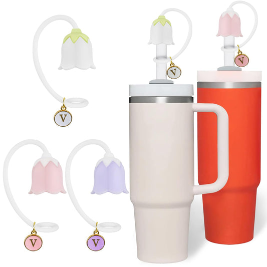 3Pcs Stanley Cup Straw Cover Toppers With Letter Charm, 10mm Silicone Tulip Flower Covers Lid for Stanleys Cups, Water Bottle, Simple Modern, Yeti, Hydroflask, Owala 30 40 oz