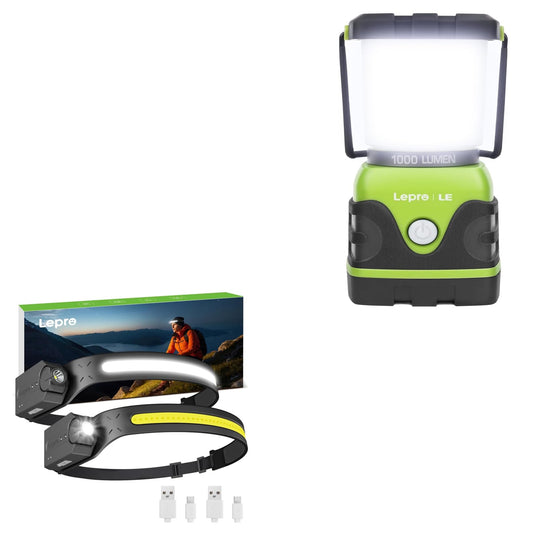 Lepro Bundle - 1000LM Battery Powered LED Camping Lantern & 2 Packs 230°COB Wide Beam & Adjustable Spotlight, Waterproof Headlamp