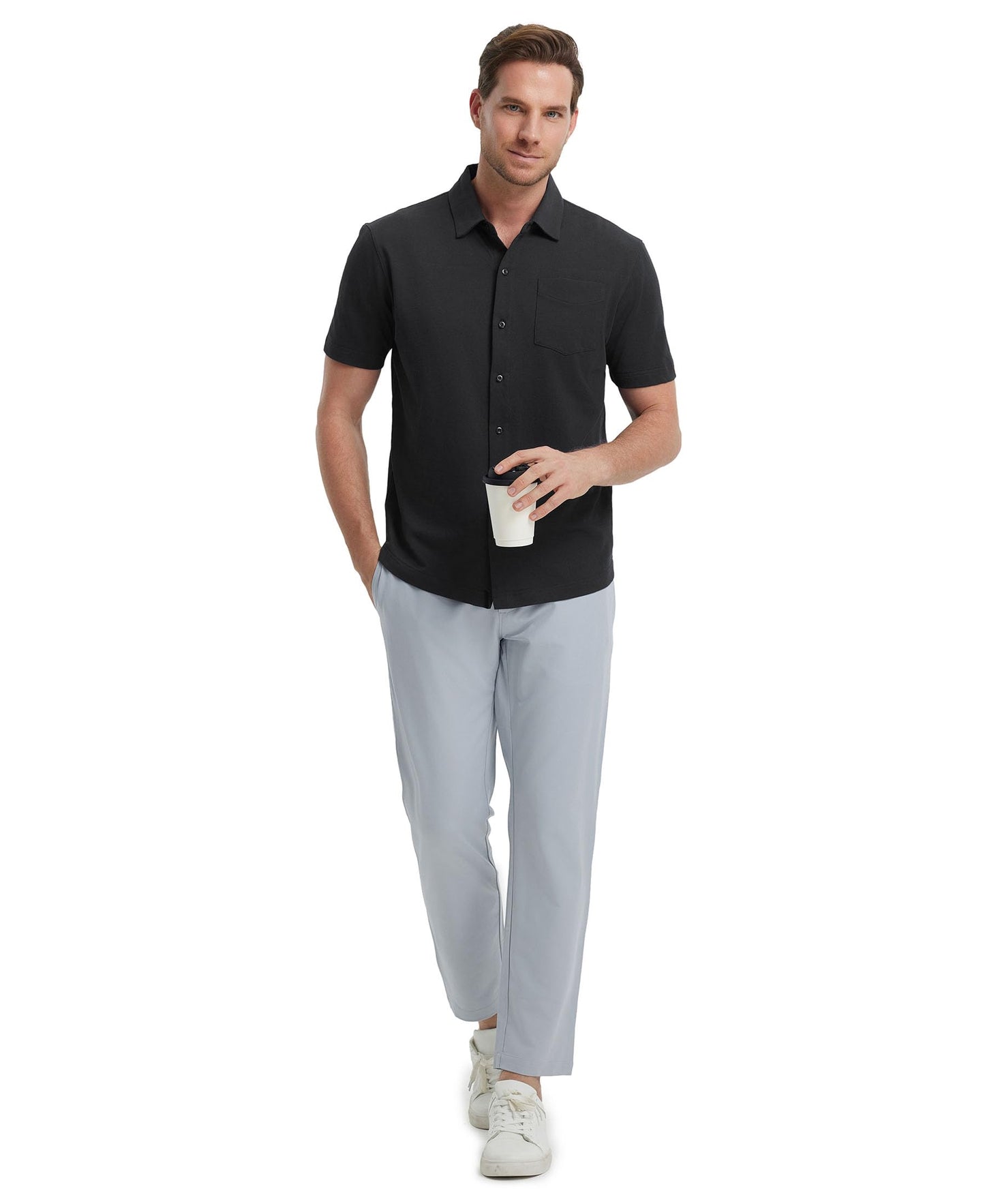 M MAELREG Mens Short Sleeve Button Down Shirt Pique Performence Business Cotton Blend Casual Fitted Shirt for Men Black