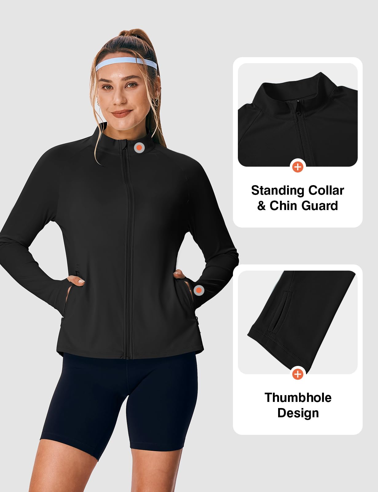 BGOWATU Women's Lightweight Workout Athletic Jacket UPF 50+ Zip Up Running Yoga Jackets Sun Shirt with Thumb Holes Black L