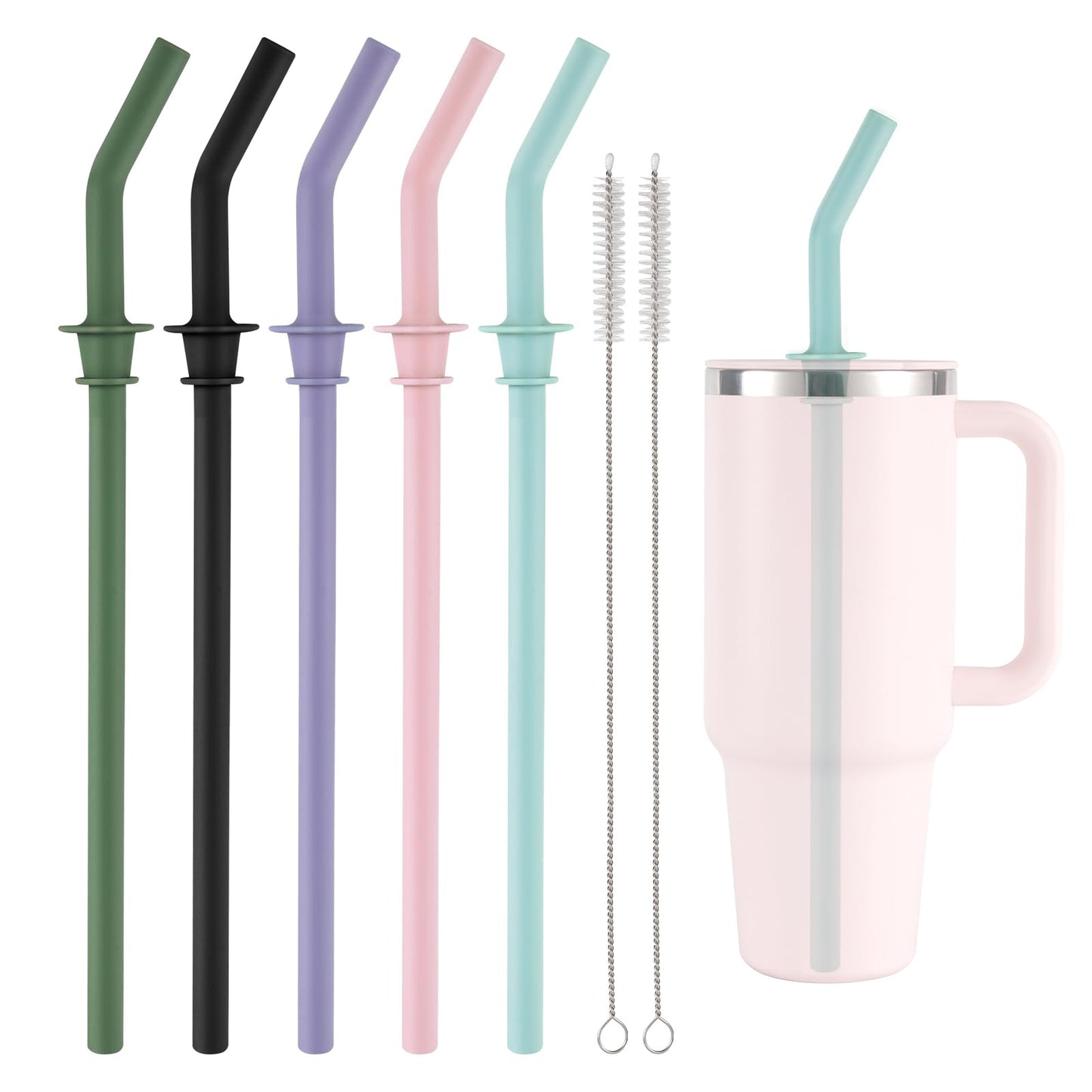 5pcs Replacement Straw for Hydro Flask Travel Tumbler 40/32/28/20oz, Reusable BPA Free Silicone Straws and Cleaning Brush for Hydroflask Water Bottle Accessories Parts (5 Colors)
