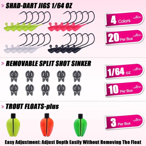 LURELINK 165-Piece Trout Lure Kit for Creek & River Fishing Gear with Split Tail Grub Worms, Shad Dart Jig Heads, Floats & Sinkers - Ideal for Seasonal Trout Crappie & Panfish