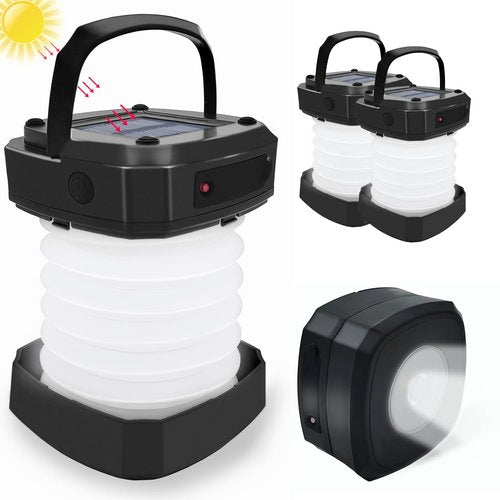 PEKPAK Solar Powered Lantern Flashlight,2-Pack Collapsible LED Camping Lantern,Portable USB Rechargeable Lamp for Power Outages,Emergencies,Hurricanes,Tent Lighting,Hiking,Backpacking Gear(Black)