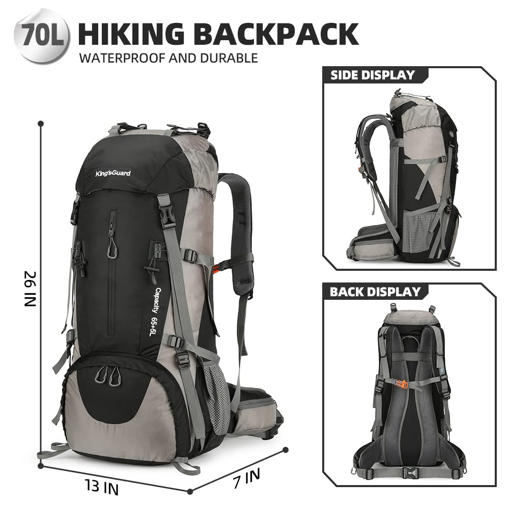 King'sGuard 70L Hiking Backpack Large Lightweight Waterproof Camping Backpack Travel Backpacking Backpack Daypack with Rain Cover -Frameless (Black)