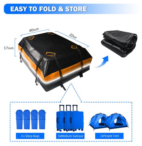 BOPARAUTO 21 Cubic Feet Car Rooftop Bag Waterproof Heavy Duty for All Cars Cargo Carrier Bag with/Without Rack Including Anti-Slip Mat 2 Luggage Locks 2 Extra Straps 6 Strong Nylon Straps Orange Bag