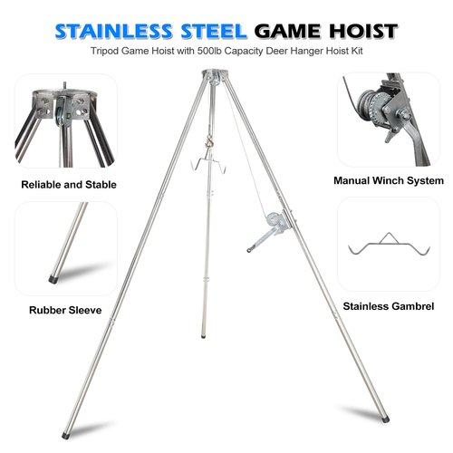 Deer Game Hoist Tripod Deer Hanger Stainless Steel Rack Stand for Hunting Processing Cleaning Hide Skinning with 500lb Capacity Gambrel and Manual Winch - Heavy Duty