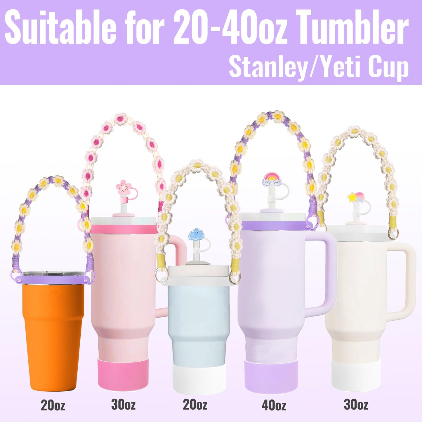 Fabenyok 8PCS Cup Accessories Set for Stanley 30oz & 40oz Tumbler, Including Water Bottle Handle Strap, Boot, Spill Stopper Set, Straw Straw Cover Cap for Stanley Cup Accessories(Purple)