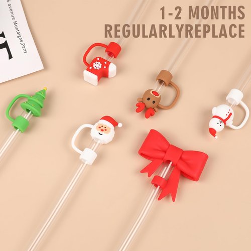 Silicone Straw Cover Cap Compatible with Stanley Cups 30 40 oz Toppers for Tumblers Reusable Dust Proof Straw Cover for 10mm Accessories (6pcs-Christmas)