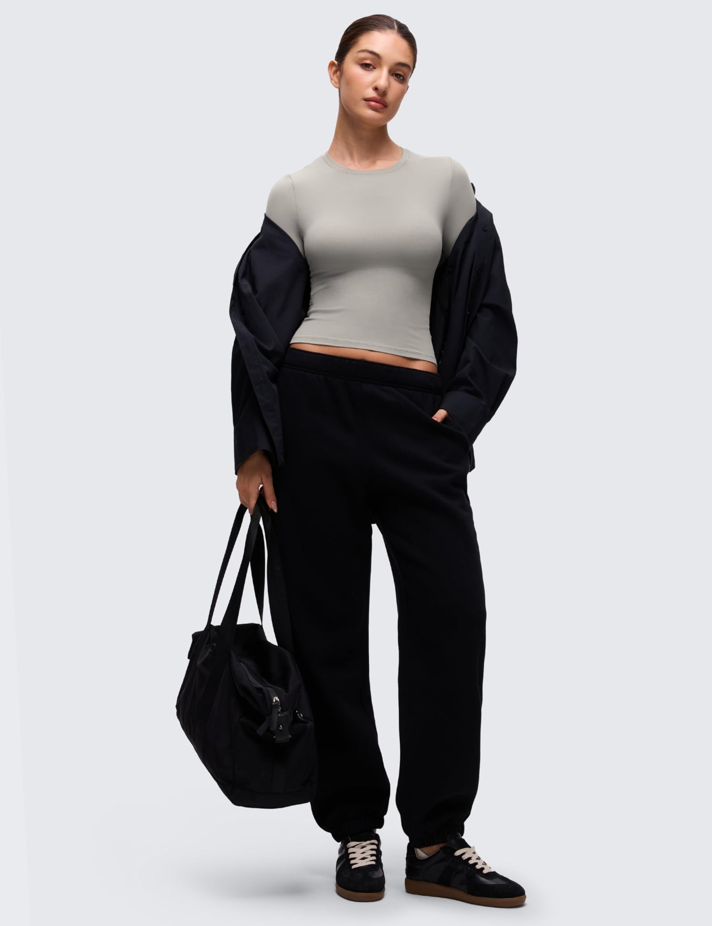 CRZ YOGA Softembrace Crewneck Long Sleeve Shirts for Women - Workout Casual Going Out Tops Soft Fitted Tight Fall T-Shirts Rocky Grey Small