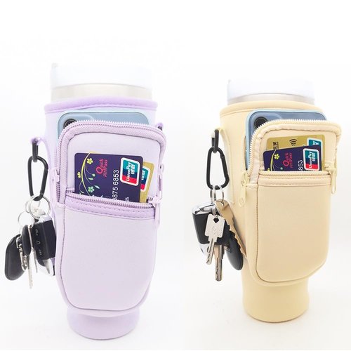 Water Bottle Carrier Bag with Phone Pocket Stanley Cream Water Bottle Holder Sleeve with Strap Carrier Tumbler Pouch for Stanley Cup 30 40oz (Cream)