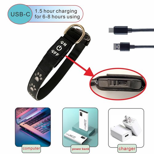DOGLED LED Light Up Dog Collar, USB-C Rechargeable, Multicolor Paw Print Design, 15 Modes Lighting Night Safety (Green, S(7.87-11.8"))