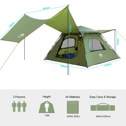 Night Cat Instant Cabin Tent with Canopy Tarp 3 Persons Waterproof Pop Up Tent for Family Camping 2 in 1 Canopy Tent with Porch Automatic Easy Set Up Outdoor