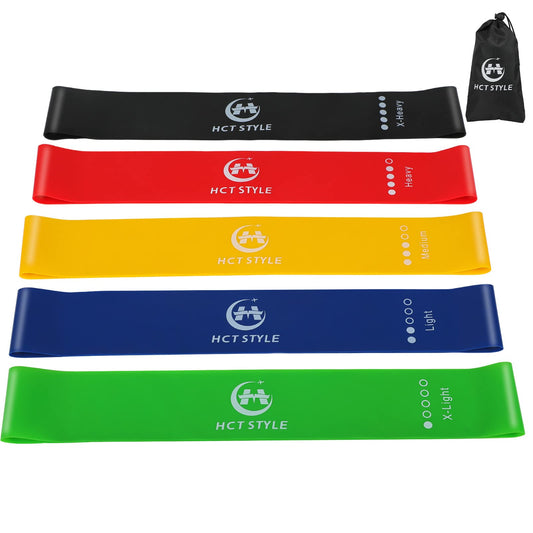 HCT STYLE Exercise Band Resistance Bands for Working Out Men and Women Set 5 Different Levels Yoga Pilates,Natural Latex is Non Toxic and Odorless Not curl with Exercise Instructions e Carry Bag.