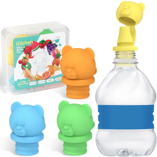 Giichen No Spill Water Bottle Caps - BPA Free Silicone Top Protects Child's Mouth, Replacement Spout Adapter for Toddlers to Adults - 4 Pack (Blue, Green, Yellow, Orange)
