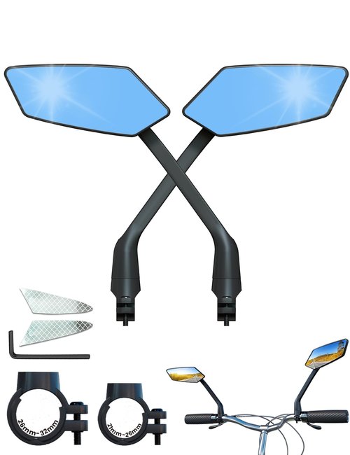 Handlebar Bike Mirror, Safe Crystal Convex Wide Angle UHD Glass Bicycle Mirror, Adjustable Rearview Mirror, Easy Installation for Ebike Scooter Snowbike (Convex Anti-glare Blue 1 Pair)