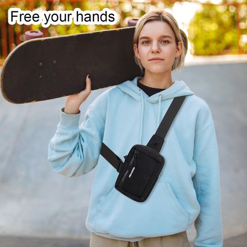 RDMODO Sling Bags for Men, Small Crossbody Bags for Women, Water Resistant Nylon Casual Chest Bag with Adjustable Strap, Lightweight Dual Pocket Shoulder Bag for Travel Walking Jogging (Black)