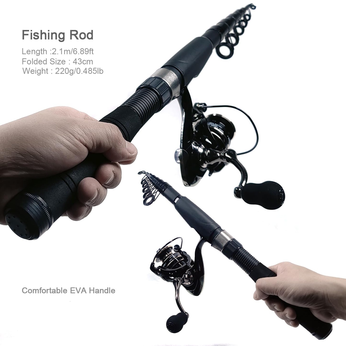 Fishing Rod Reel Combos, 2PCS 2.1m/6.89ft Collapsible Fishing Rods + 2PCS Spinning Reels + Fishing Lines Fishing Lures Carrier Bag, Telescopic Fishing Pole Set Sea Saltwater Freshwater Kit