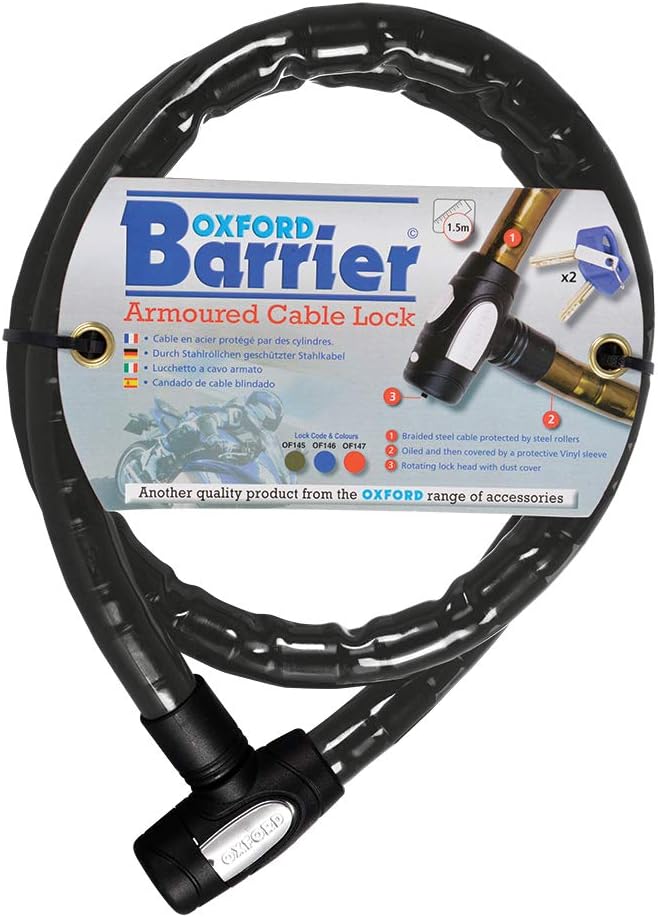 Oxford OF145 Smoke 25mm Diameter 4.9' Long Barrier Armored Cable Lock