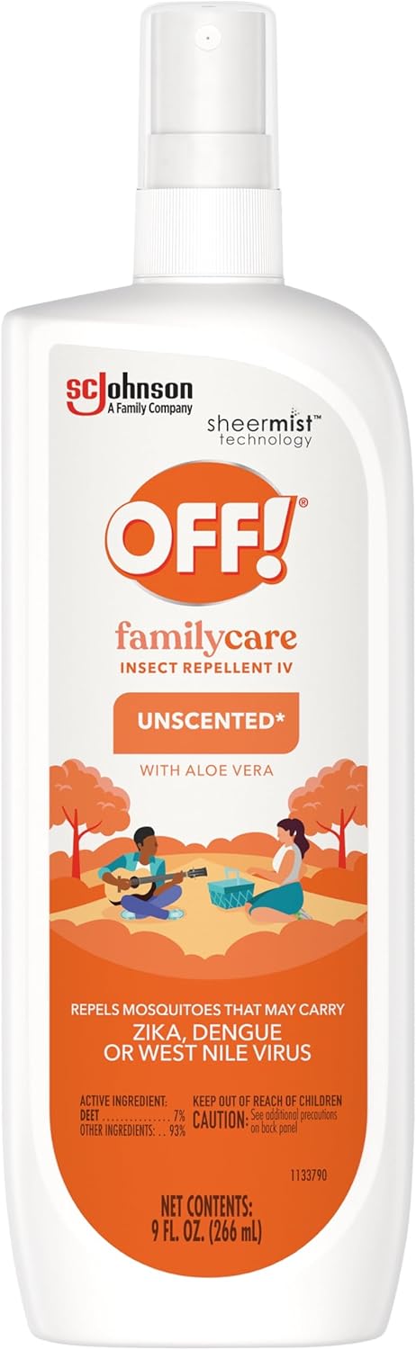 OFF! Family Care Mosquito, Tick, and Insect Repellent Spritz, Bug Spray Containing 7% DEET, Unscented Repellent with Aloe Vera Protects Against Mosquitoes, 9 Oz