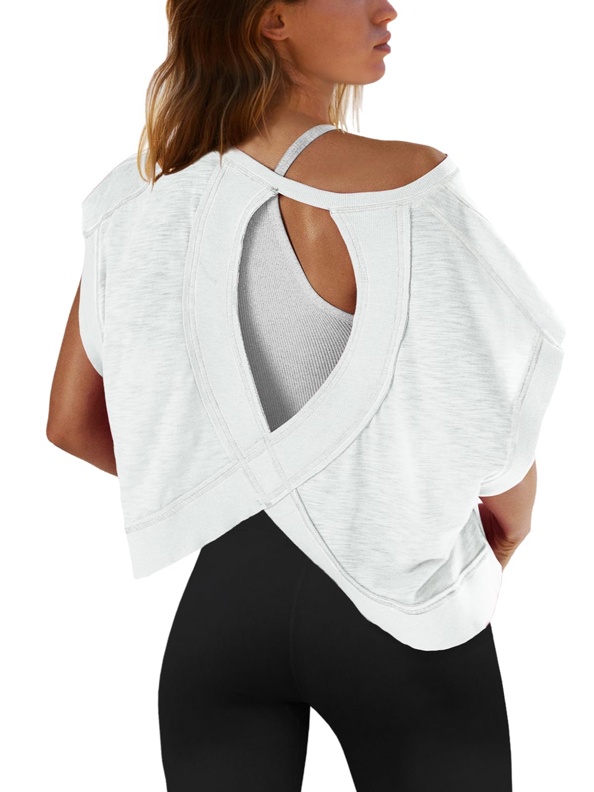 SENSERISE Womens Open Back Workout Tops Backless Short Sleeve Athletic Shirt Running Crop Top Gym Yoga Tee(Snow White,S)