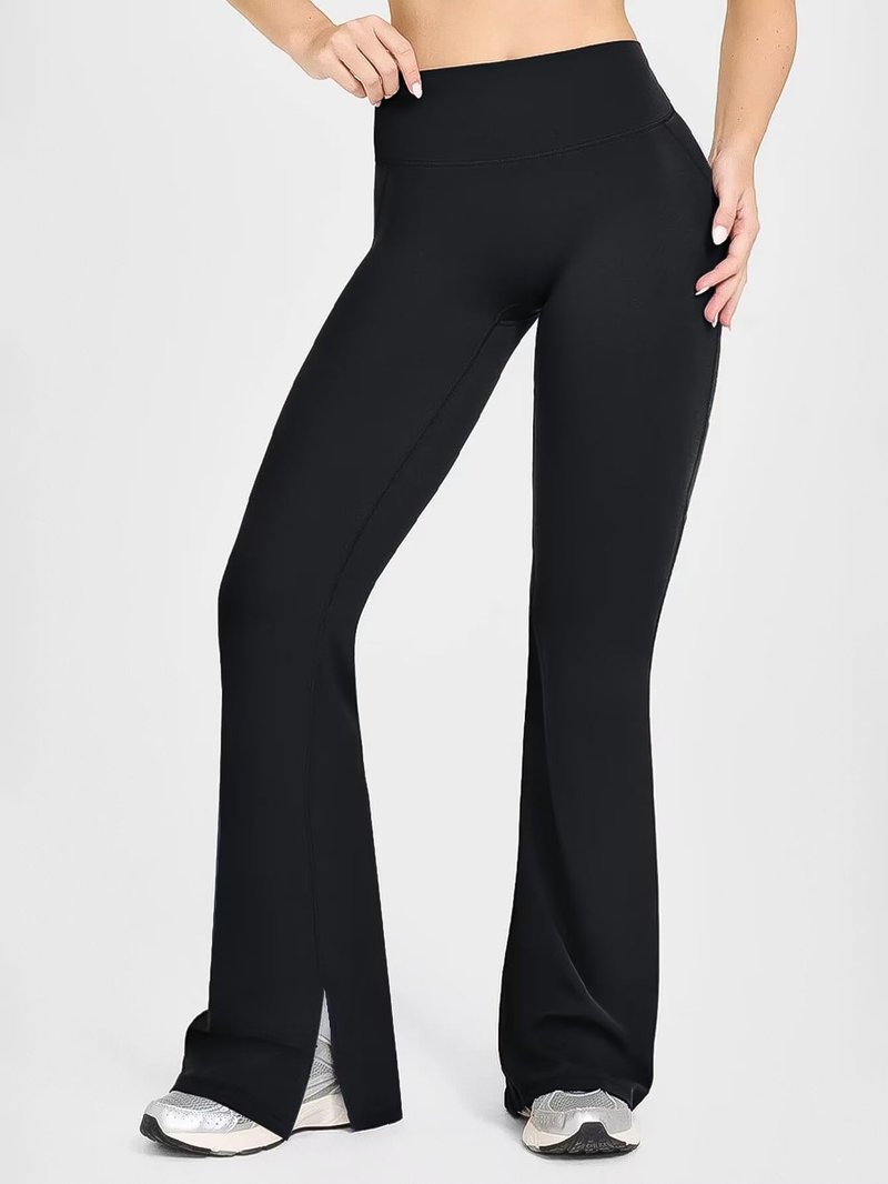 Flamingals Women's Butt Lifting Flare Leggings with Pockets High Waist Tummy Control Hidden Scrunch Mini Flared Yoga Pants Black L