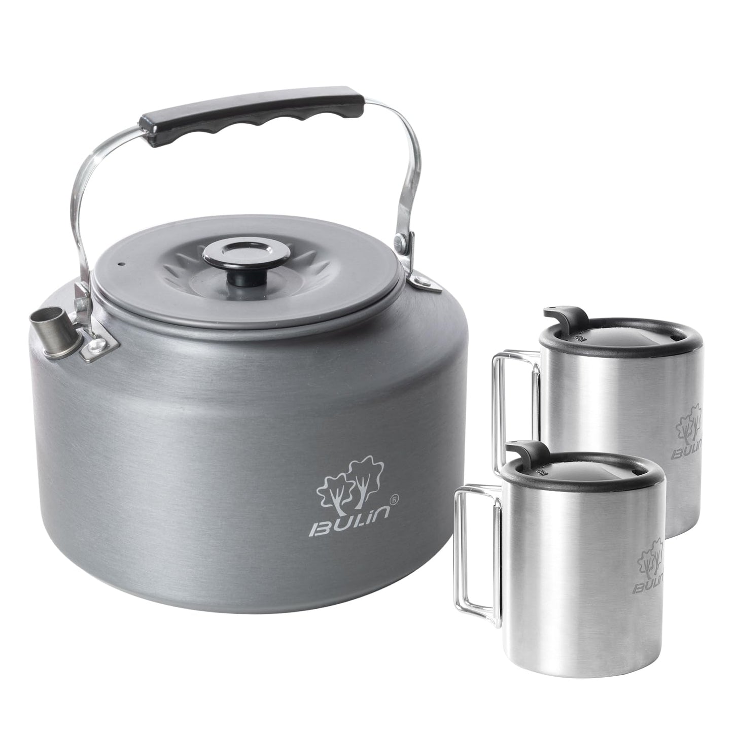 Bulin Camping Kettle, 2.2L Large Portable Stovetop Tea Kettle Fast Heating Boiling Hot Water for Open Fire Lightweight Coffee Pot with 2 Camping Cups & Lids for Outdoor Hiking Picnic Travel