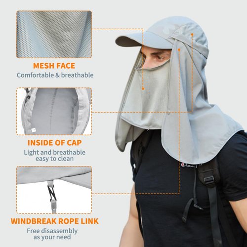 Dawfold Fishing Hat Sun Cap for Men Women, UPF 50+ Sun Protection Hat Foldable Cap with Mesh Face Neck Flap Windproof Strap Light Grey