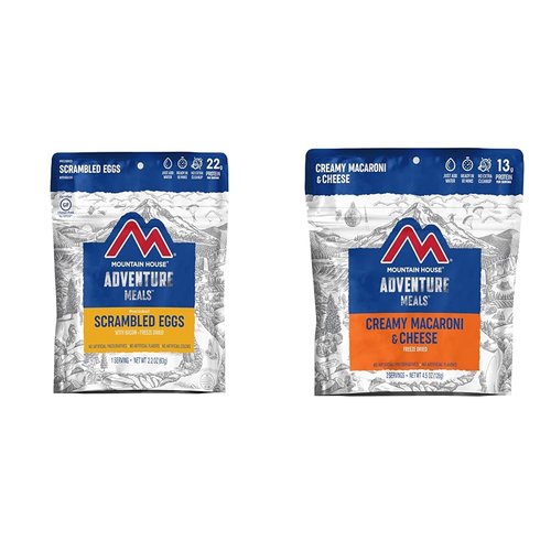 Mountain House Scrambled Eggs with Bacon Single Serving & Creamy Macaroni & Cheese 2 Servings Freeze Dried Backpacking Camping Food