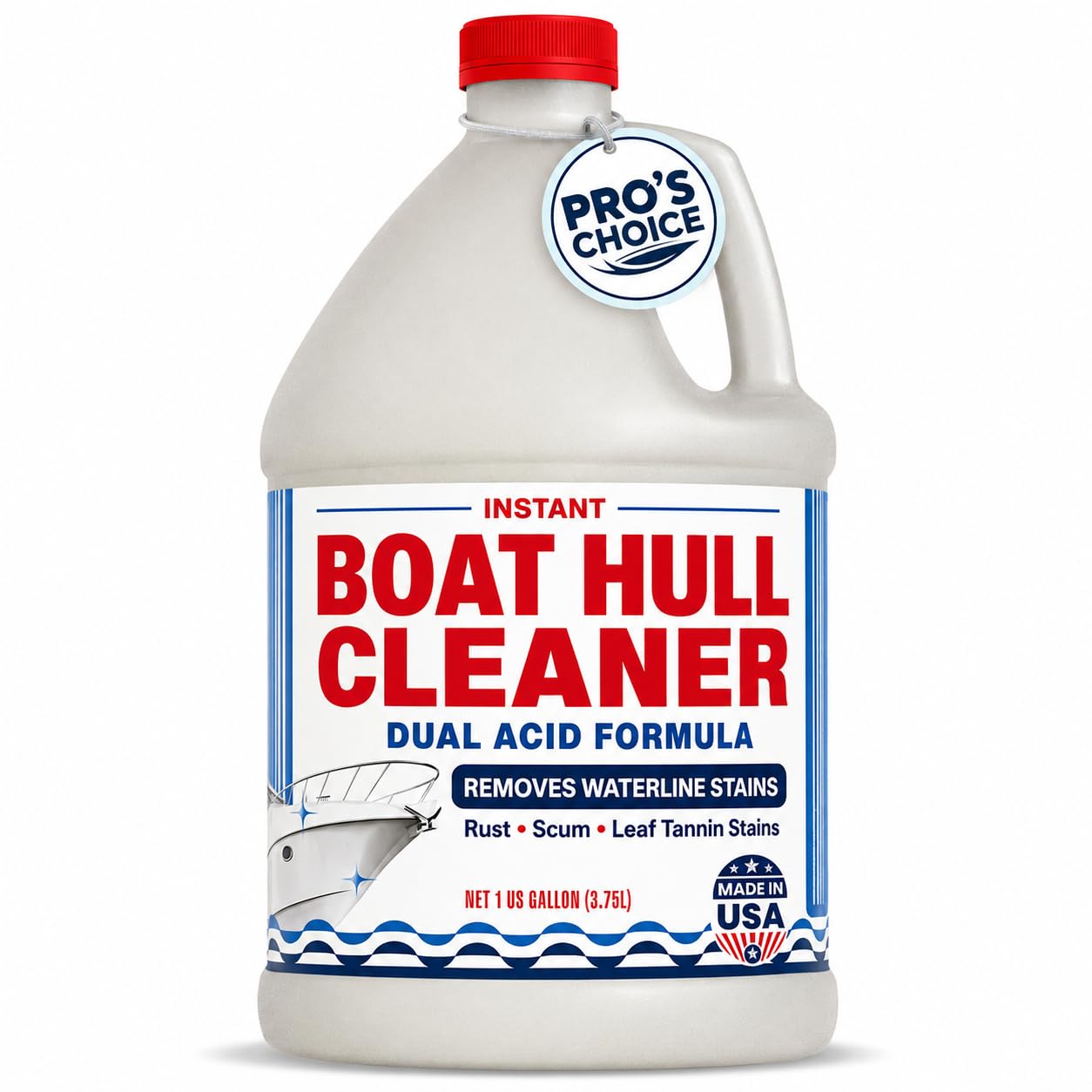 [1 Galllon] Instant Boat Hull Cleaner - Made in USA - Powerful Dual Acid Formula Easily Removes Scum Lines, Rust Stains, Hard Waterlines, & More from Fiberglass, Gelcoat & Painted Boat Surfaces