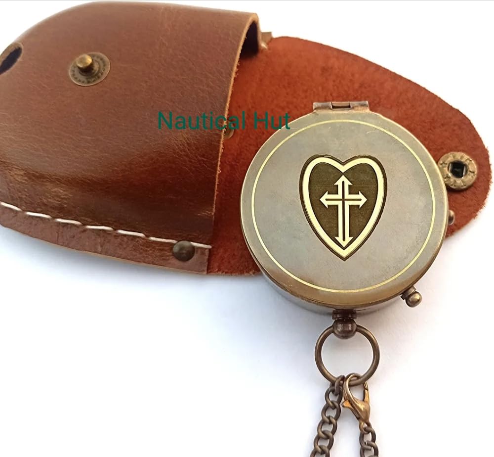 Be Strong and Courageous for The Lord Engraved Brass Antique Compass with Leather Case - Joshua 1:9 Brass Pocket Compass Camping & Hiking Compass for Birthday, Anniversary, Graduation, Baptism (XI)